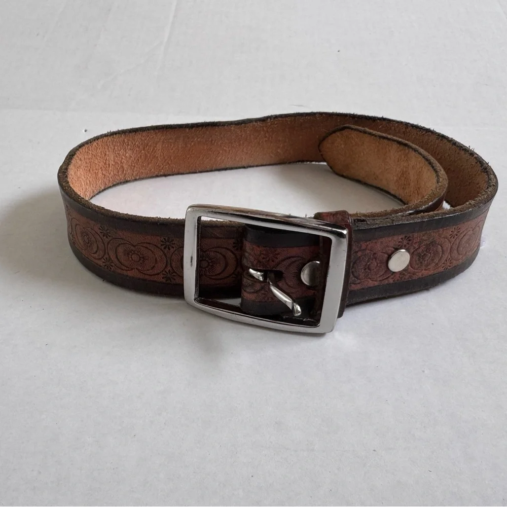 Vintage Leather Belt w/ Silvertone Buckle Marked Solid Brass Tooled Leather 32”